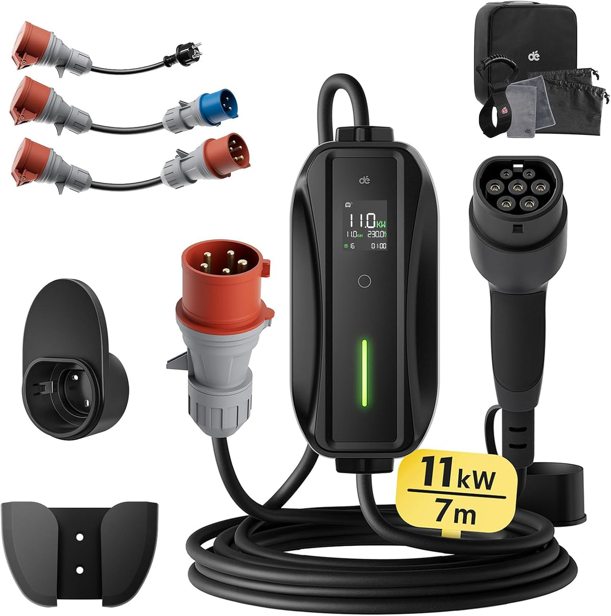 dé Cargador Portátil para Coche Eléctrico 11 kW Trifásico, Cable Tipo 2 de 7 m y Adaptadores