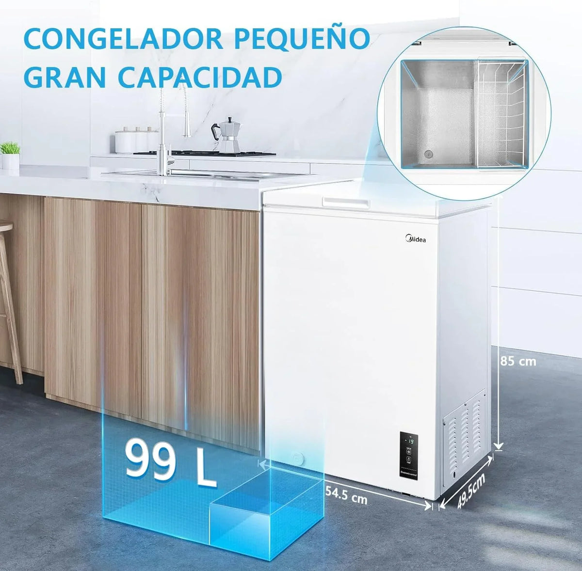MIDEA Arcón Congelador Pequeño 99 L, Motor Inverter, Control Electrónico, Silencioso 39 dB, Blanco
