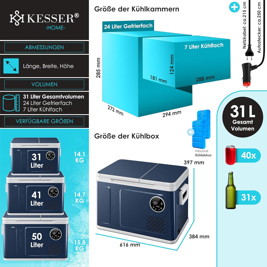 KESSER Nevera Portátil de Compresor Doble Zona hasta -20 °C con Pantalla Táctil, 12/24 V y 230 V