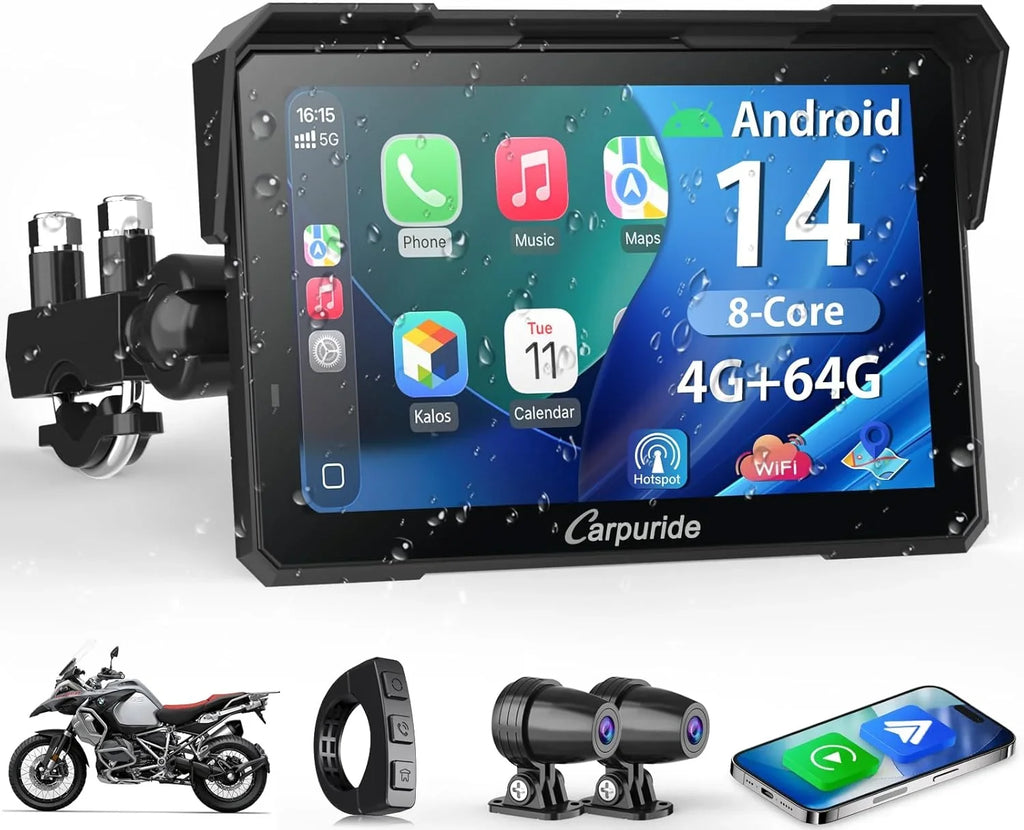 Carpuride W702 Plus Pantalla CarPlay para Moto 7" Android, CarPlay y Android Auto Inalámbricos, Doble Cámara
