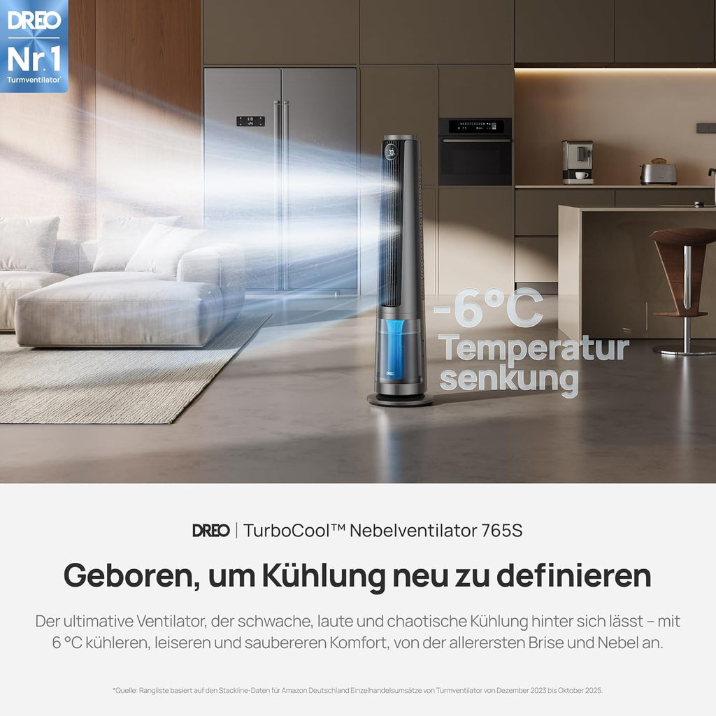 DREO TurboCool 765S Ventilador de Torre Nebulizador 3 en 1 con WiFi, Depósito 6 L, 20 dB