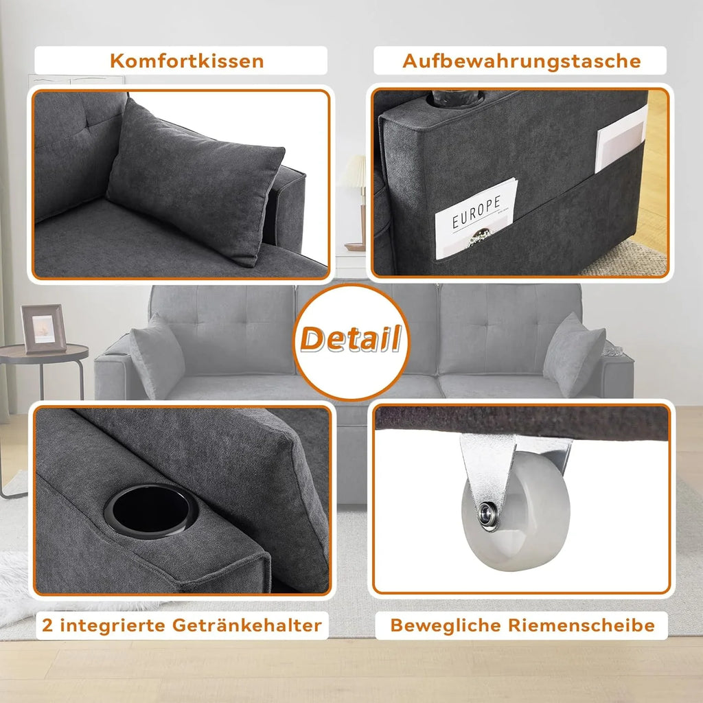 Sofá Cama Chaise Longue 3 Plazas Reversible con Portavasos y Bolsillos Laterales, Gris