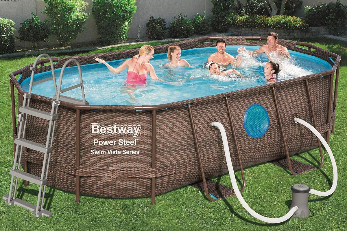 Bestway Power Steel Piscina Desmontable Tubular 427 x 250 x 100 cm con Depuradora, Diseño Ratán