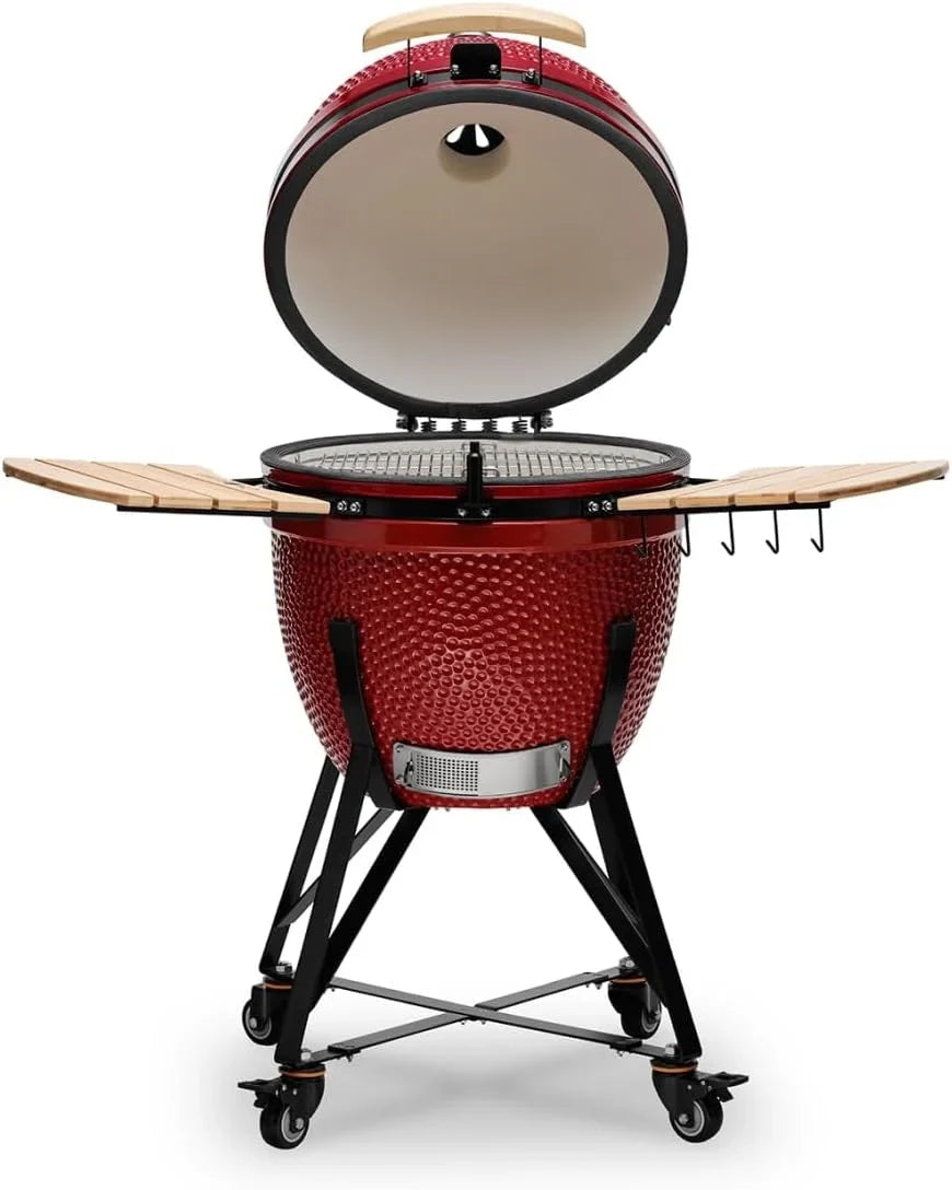 Kamado BONO Barbacoa Kamado Grande XXL Ø 59 cm Cerámica Roja con Accesorios y Ruedas