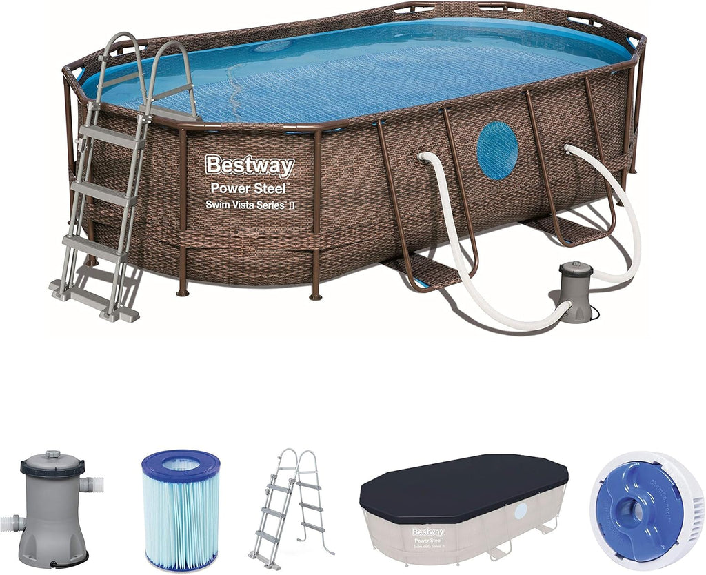 Bestway Power Steel Piscina Desmontable Tubular 427 x 250 x 100 cm con Depuradora, Diseño Ratán