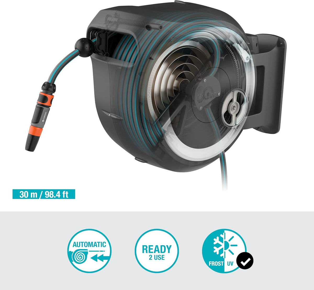 Gardena RollUp L Portamangueras de Pared con Manguera de 30 m, Blanco