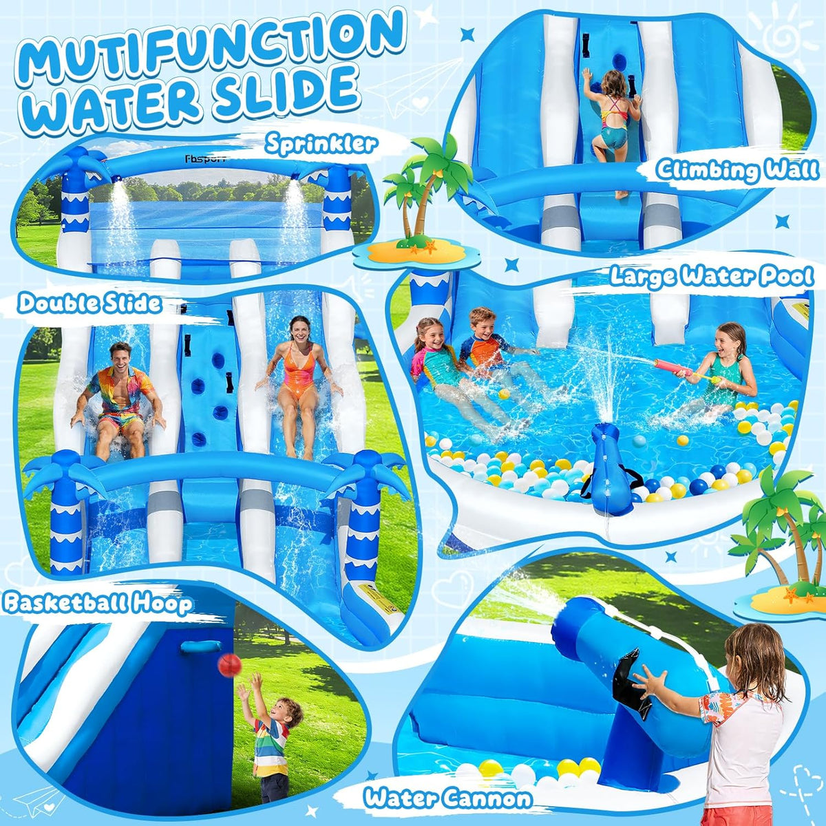 Castillo Hinchable XXL con 2 Toboganes de Agua, Piscina y Rocódromo, 630 x 290 x 285 cm