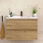 BELLOBATH Mueble de Baño Suspendido 80 cm con Lavabo de Cerámica y 2 Cajones, Roble