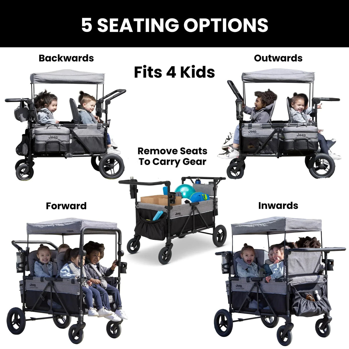 Delta Children Jeep Wrangler Deluxe Carrito Paseo para 4 Niños con Toldo y Nevera
