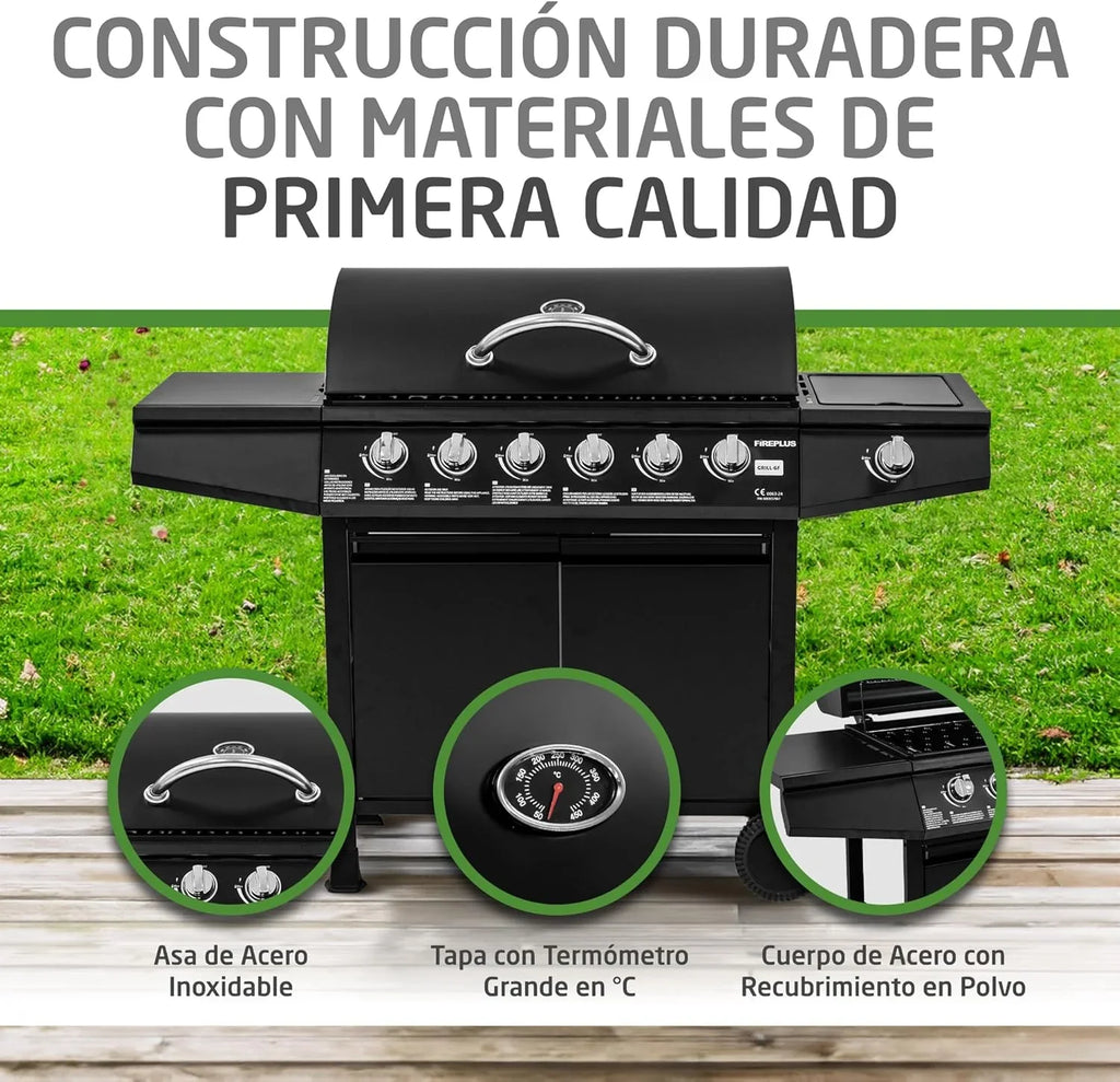 Amig Fireplus 6+1 Barbacoa de Gas 12,9 kW con 7 Quemadores, Carro y Termómetro, Inox Negro