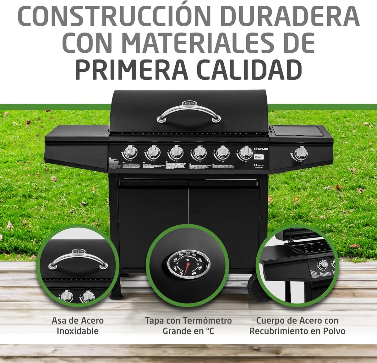 Amig Fireplus 6+1 Barbacoa de Gas 12,9 kW con 7 Quemadores, Carro y Termómetro, Inox Negro