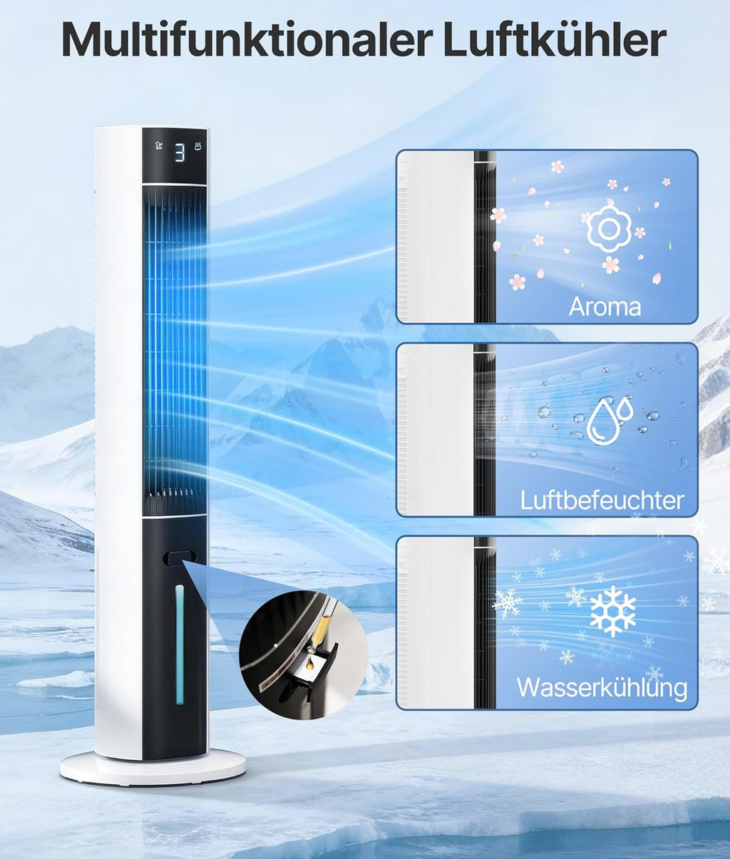 Ventilador de Torre Climatizador Evaporativo con Agua, Mando, 3 Modos y Temporizador 12 h