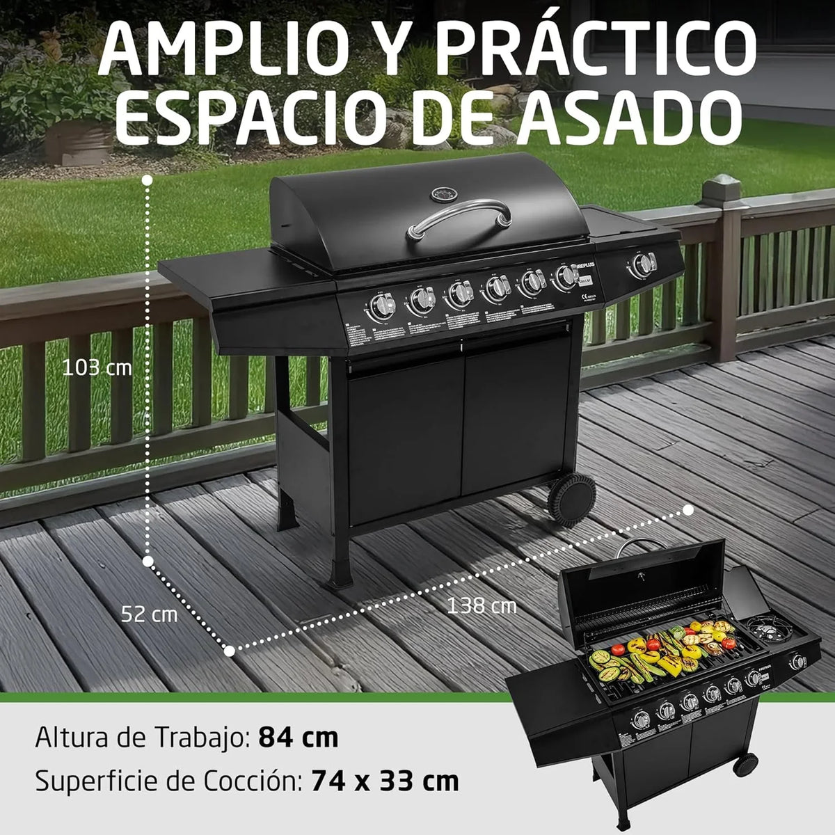 Amig Fireplus 6+1 Barbacoa de Gas 12,9 kW con 7 Quemadores, Carro y Termómetro, Inox Negro