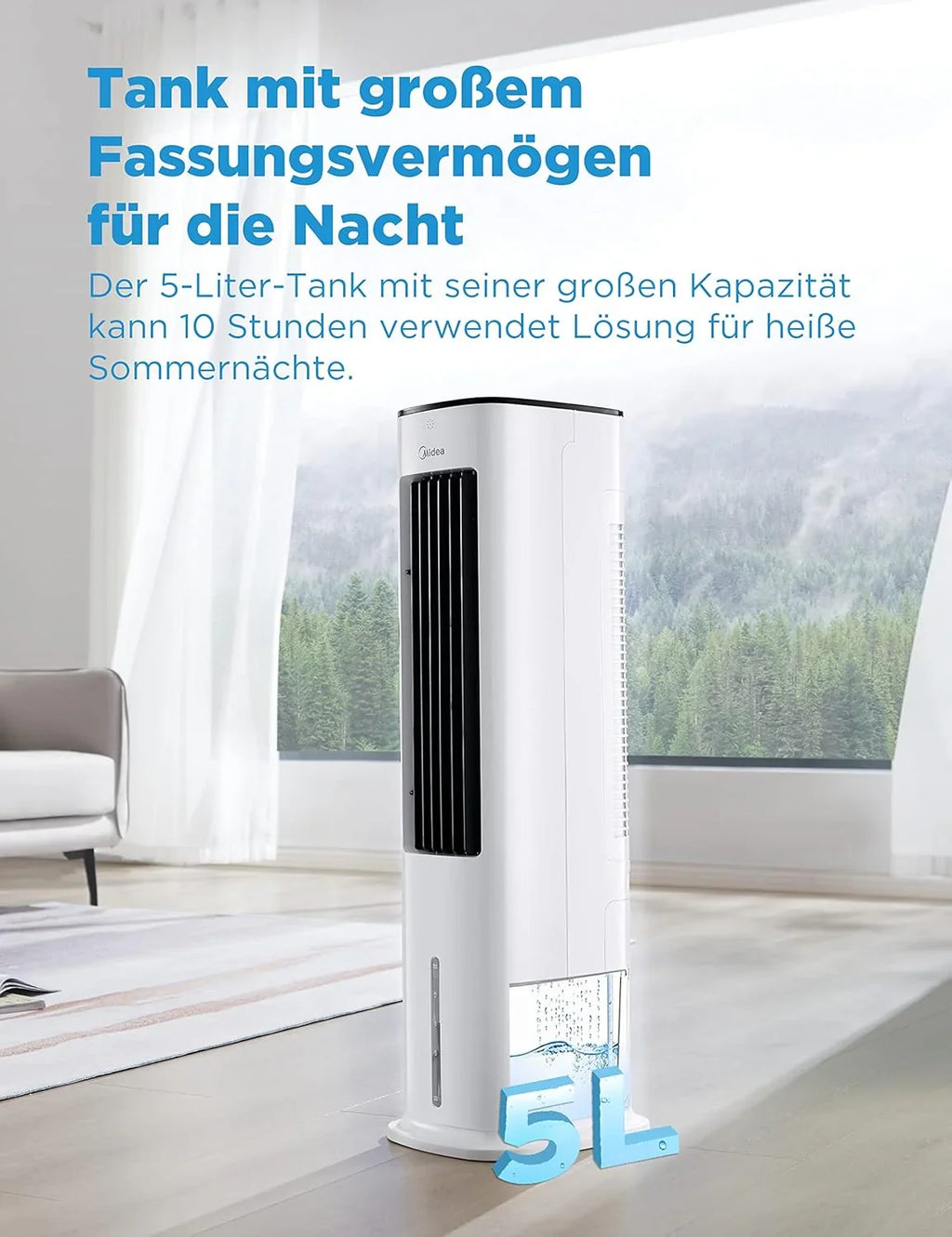 Midea Climatizador Evaporativo con Depósito de 5 L, Humidificador e Ionizador, 355 m³/h, Blanco