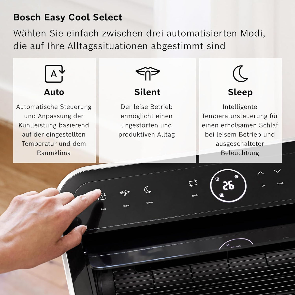 Bosch Cool Aire Acondicionado Portátil 3 en 1 con Modos Auto, Silencio y Noche