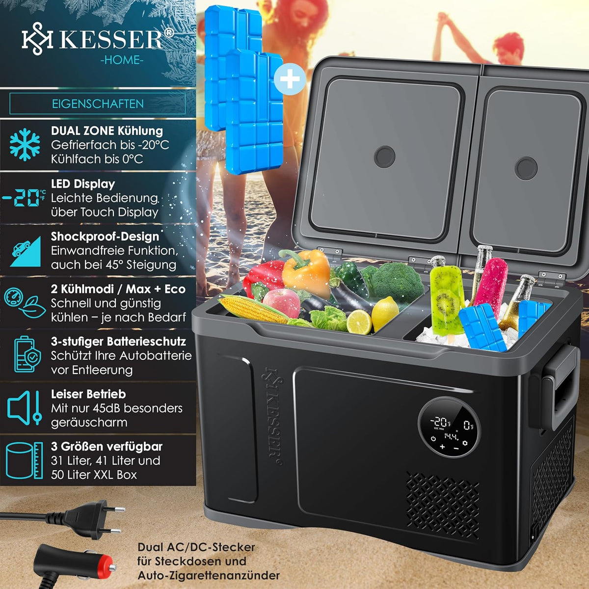 KESSER Nevera Portátil de Compresor Doble Zona hasta -20 °C con Pantalla Táctil, 12/24 V y 230 V - imagen 3