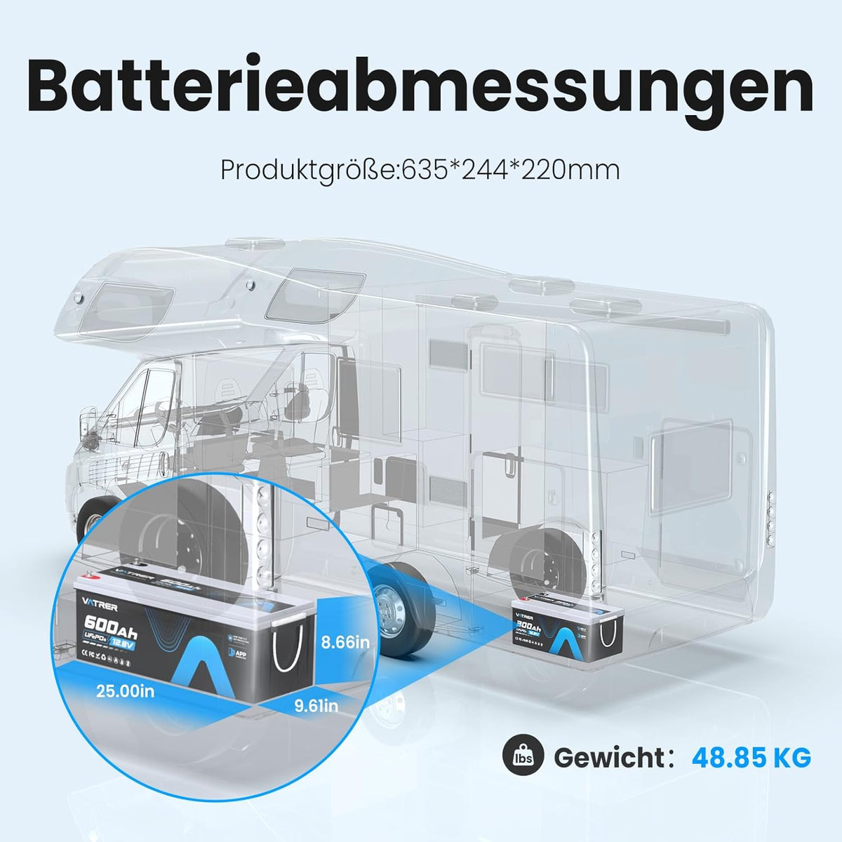 Batería de Litio LiFePO4 12 V 600 Ah con App, BMS 300 A y 3840 W para Autocaravana y Solar