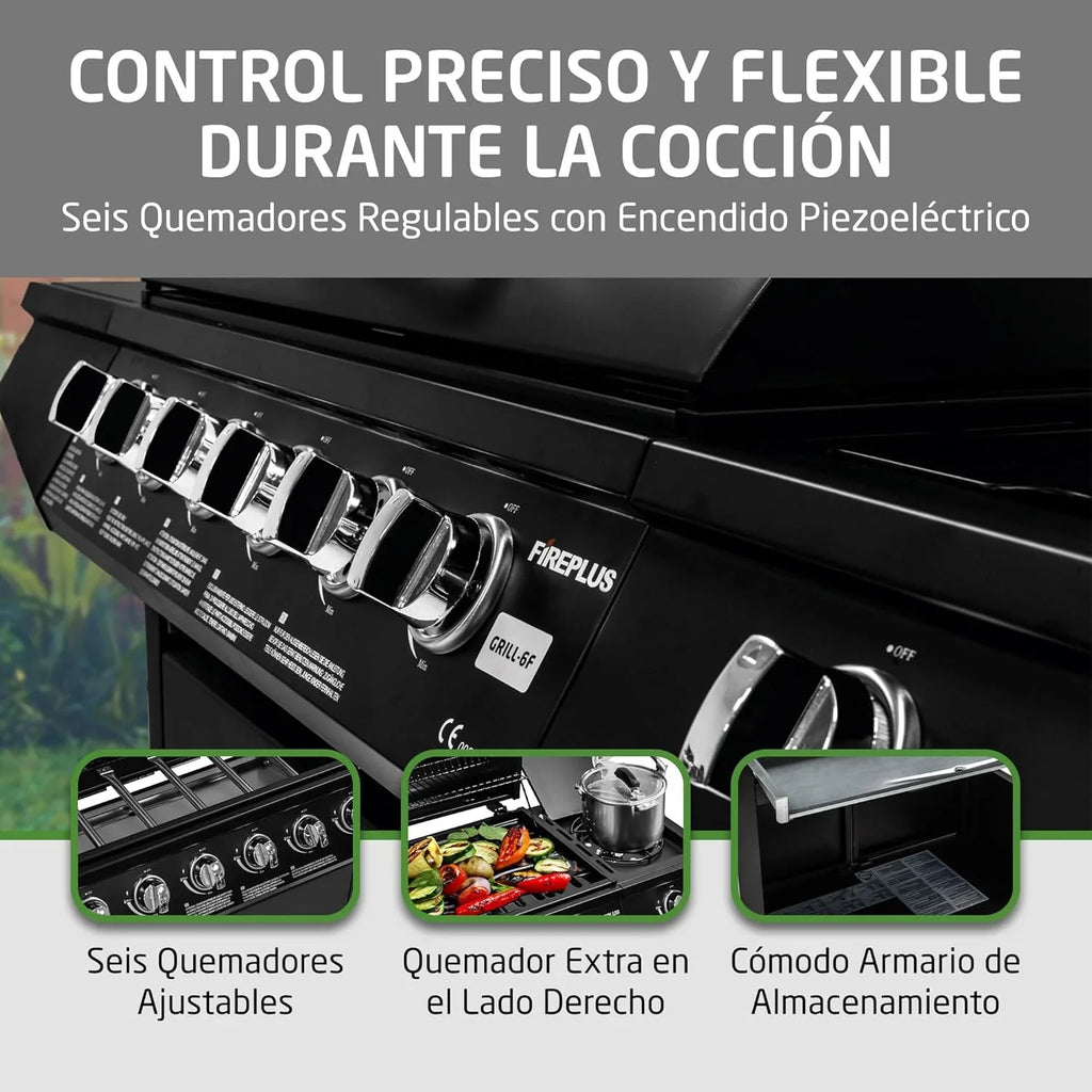 Amig Fireplus 6+1 Barbacoa de Gas 12,9 kW con 7 Quemadores, Carro y Termómetro, Inox Negro