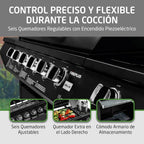 Amig Fireplus 6+1 Barbacoa de Gas 12,9 kW con 7 Quemadores, Carro y Termómetro, Inox Negro