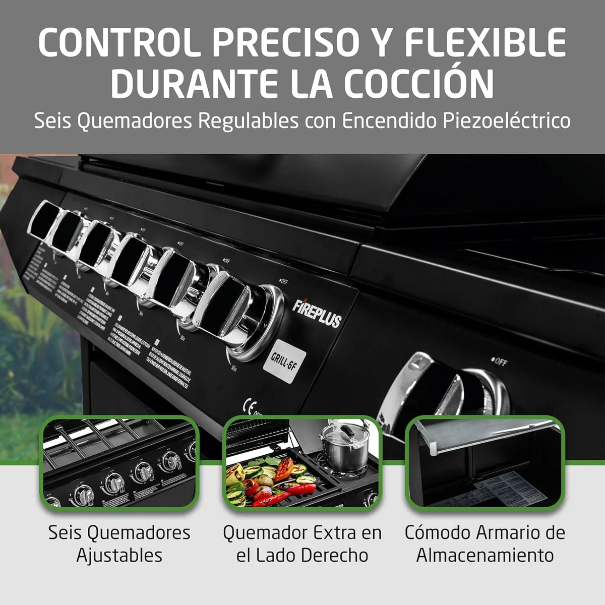 Amig Fireplus 6+1 Barbacoa de Gas 12,9 kW con 7 Quemadores, Carro y Termómetro, Inox Negro
