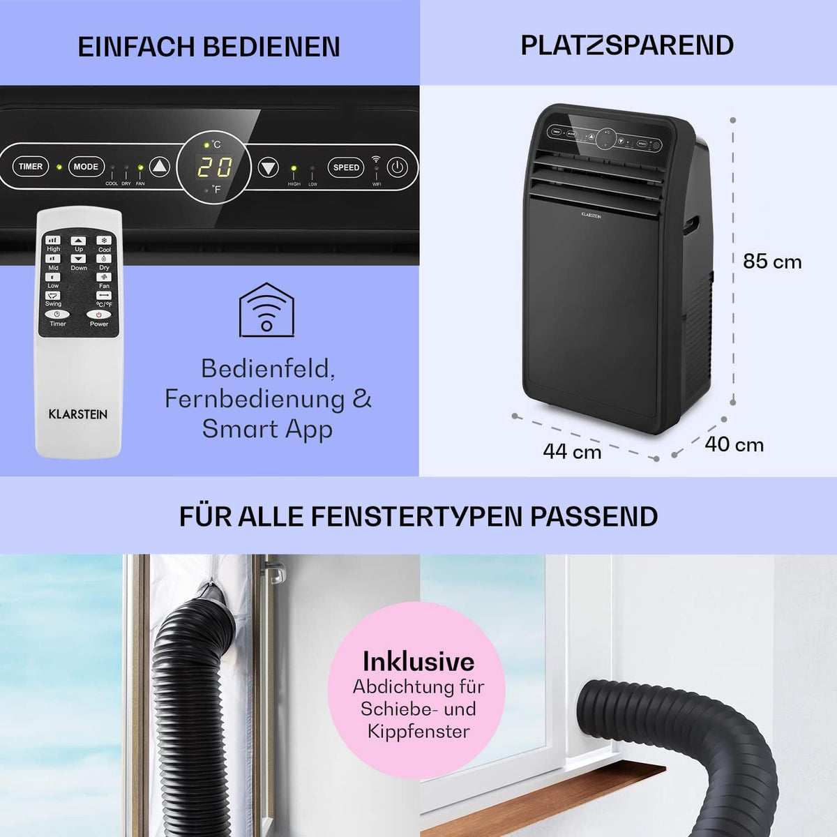 Klarstein Aire Acondicionado Portátil 4 en 1 con Control por App, hasta 12000 BTU