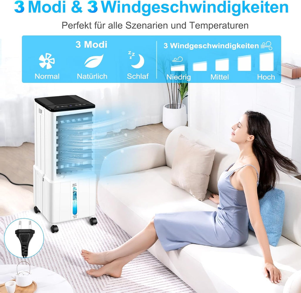 Climatizador Evaporativo sin Tubo con Depósito de 14 L, 60 W, Mando, Temporizador 12 h