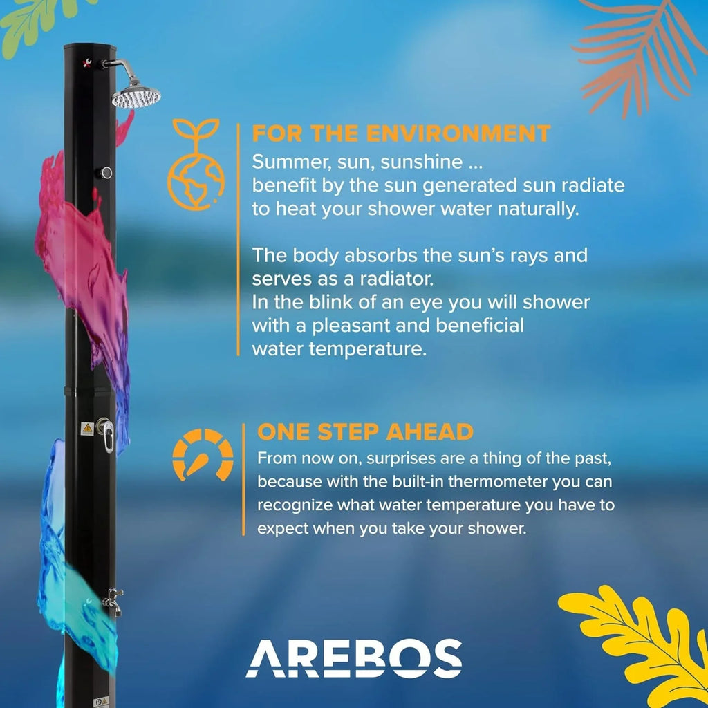 Arebos Ducha Solar 35 L de 216 cm con Termómetro y Lavapiés, Negra
