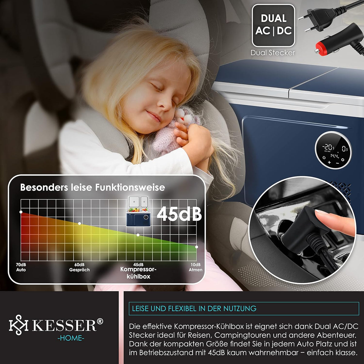 KESSER Nevera Portátil de Compresor Doble Zona hasta -20 °C con Pantalla Táctil, 12/24 V y 230 V