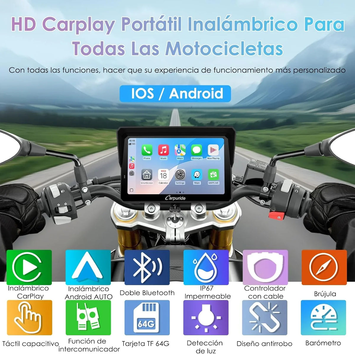 CARPURIDE W702S Pro Pantalla CarPlay para Moto 7" con Soporte BM05, Android Auto Inalámbrico