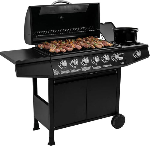 Amig Fireplus 6+1 Barbacoa de Gas 12,9 kW con 7 Quemadores, Carro y Termómetro, Inox Negro
