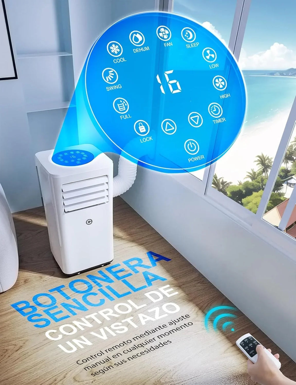 Aire Acondicionado Portátil 9000 BTU 4 en 1 con Mando, Temporizador 24 h y Kit de Ventana