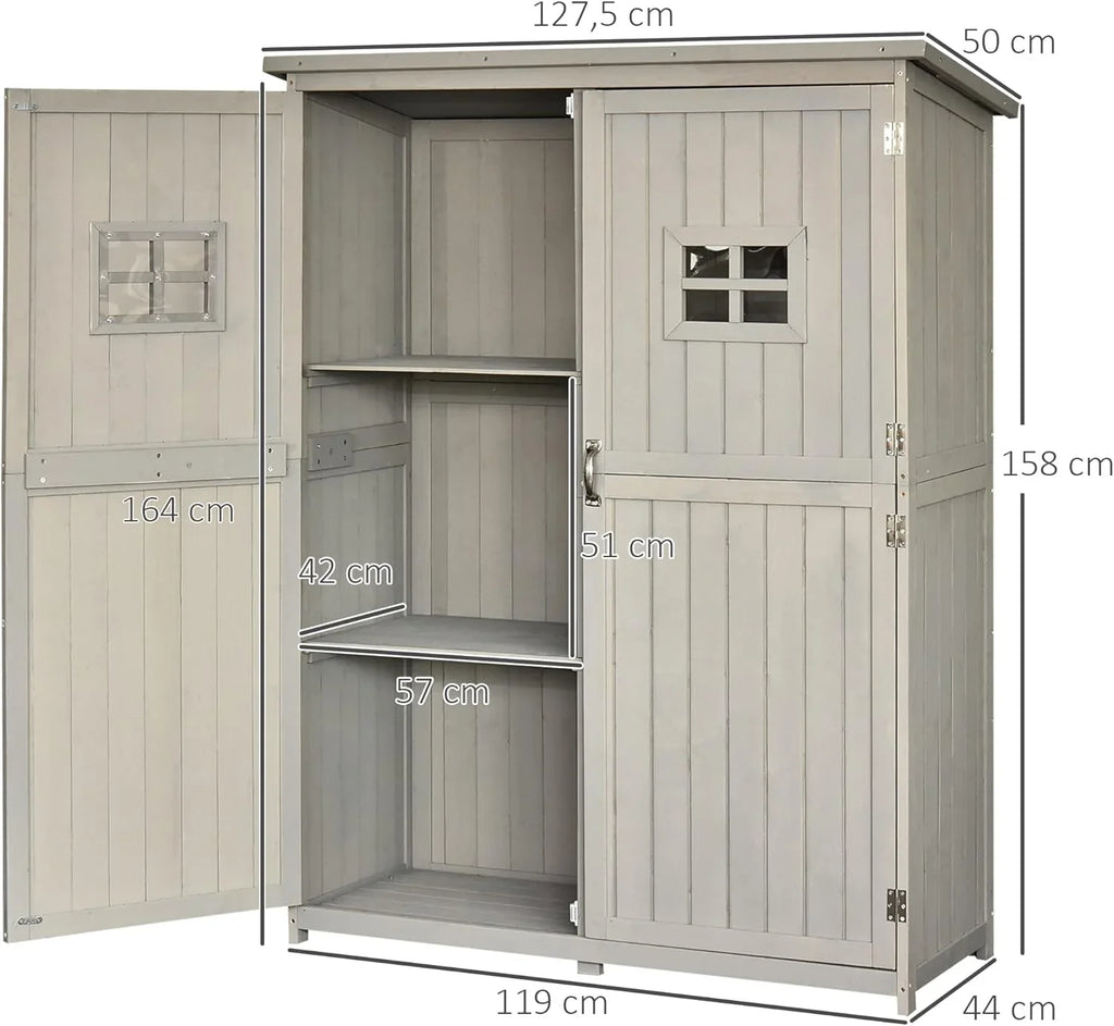 Outsunny Armario de Jardín de Madera Maciza 127,5 x 50 x 164 cm con Doble Puerta y Techo Impermeable
