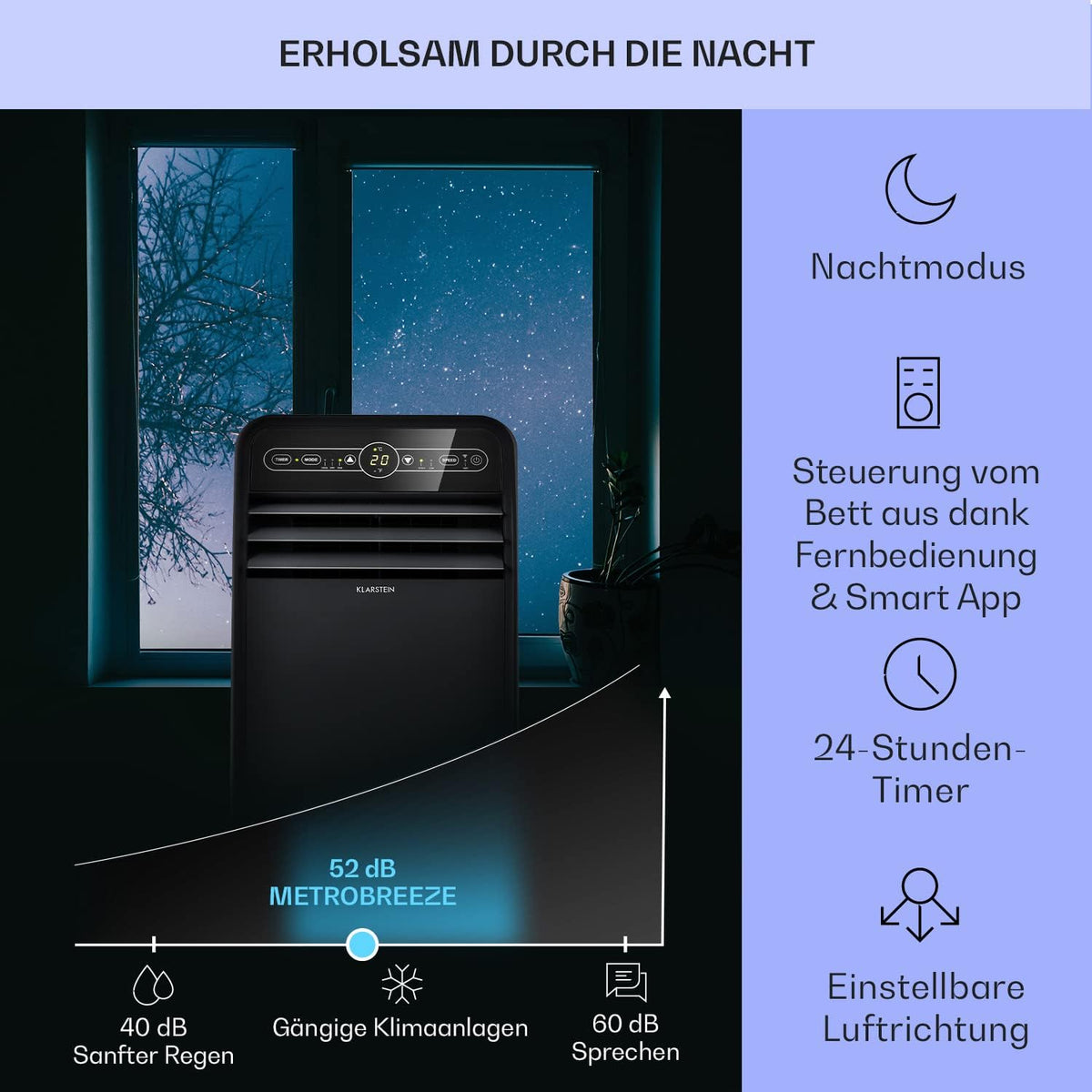 Klarstein Aire Acondicionado Portátil 4 en 1 con Modo Noche y Bajo Consumo, hasta 12000 BTU