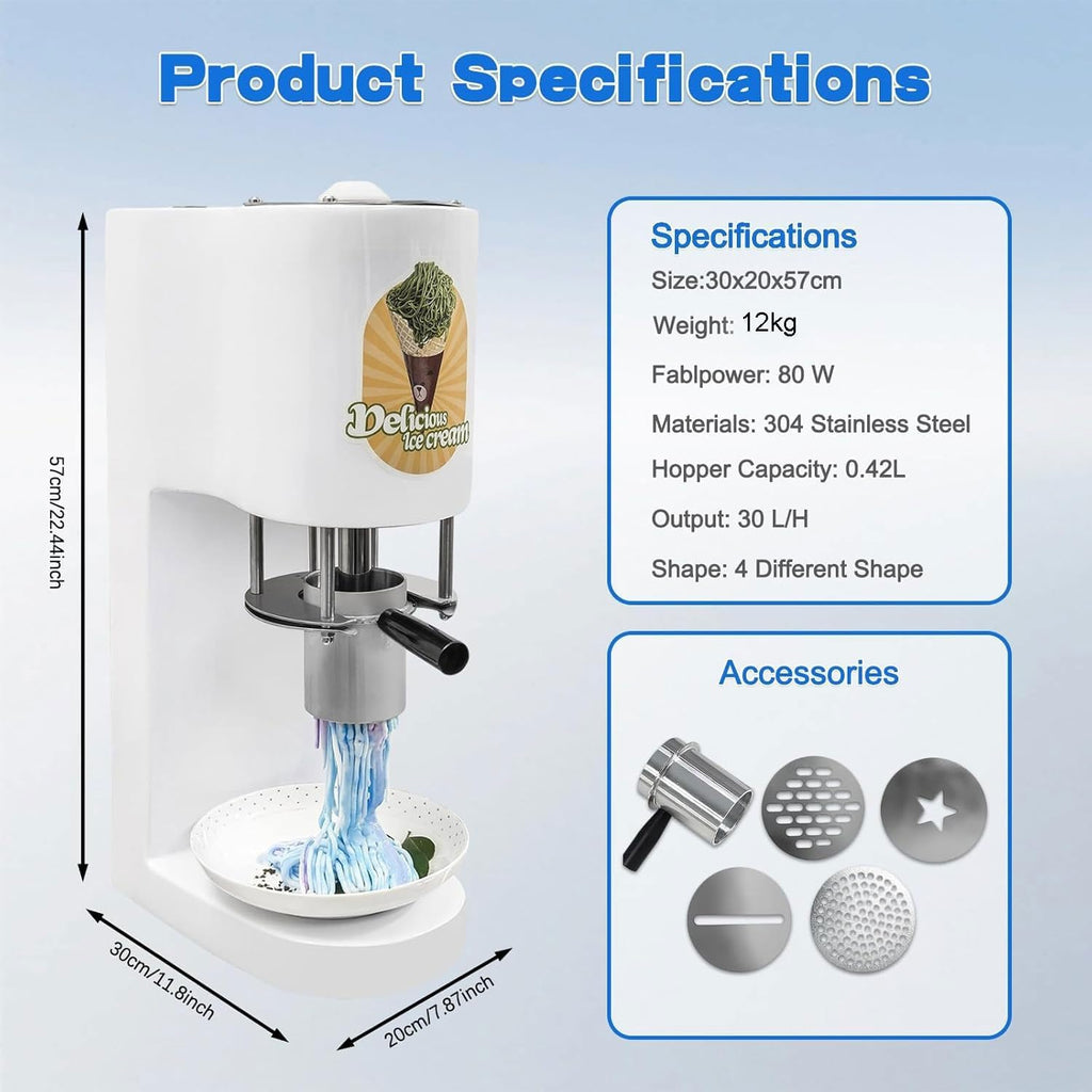 Máquina Comercial de Helado en Forma de Espaguetis 28-30 L/h con 4 Moldes, Roja