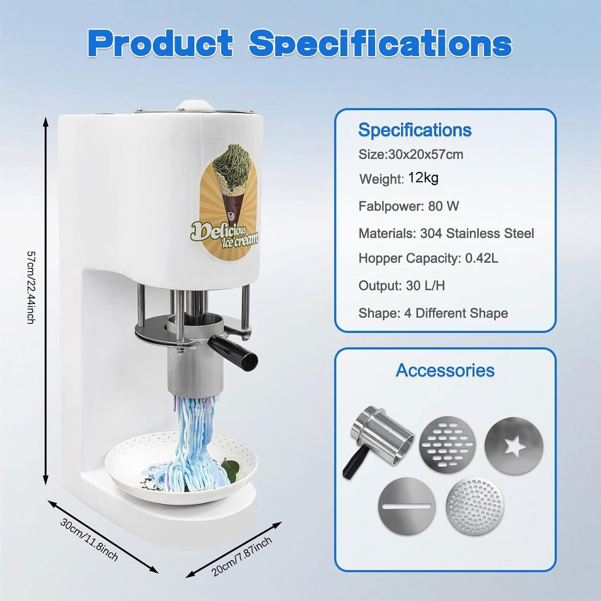 Máquina Comercial de Helado en Forma de Espaguetis 28-30 L/h con 4 Moldes, Roja