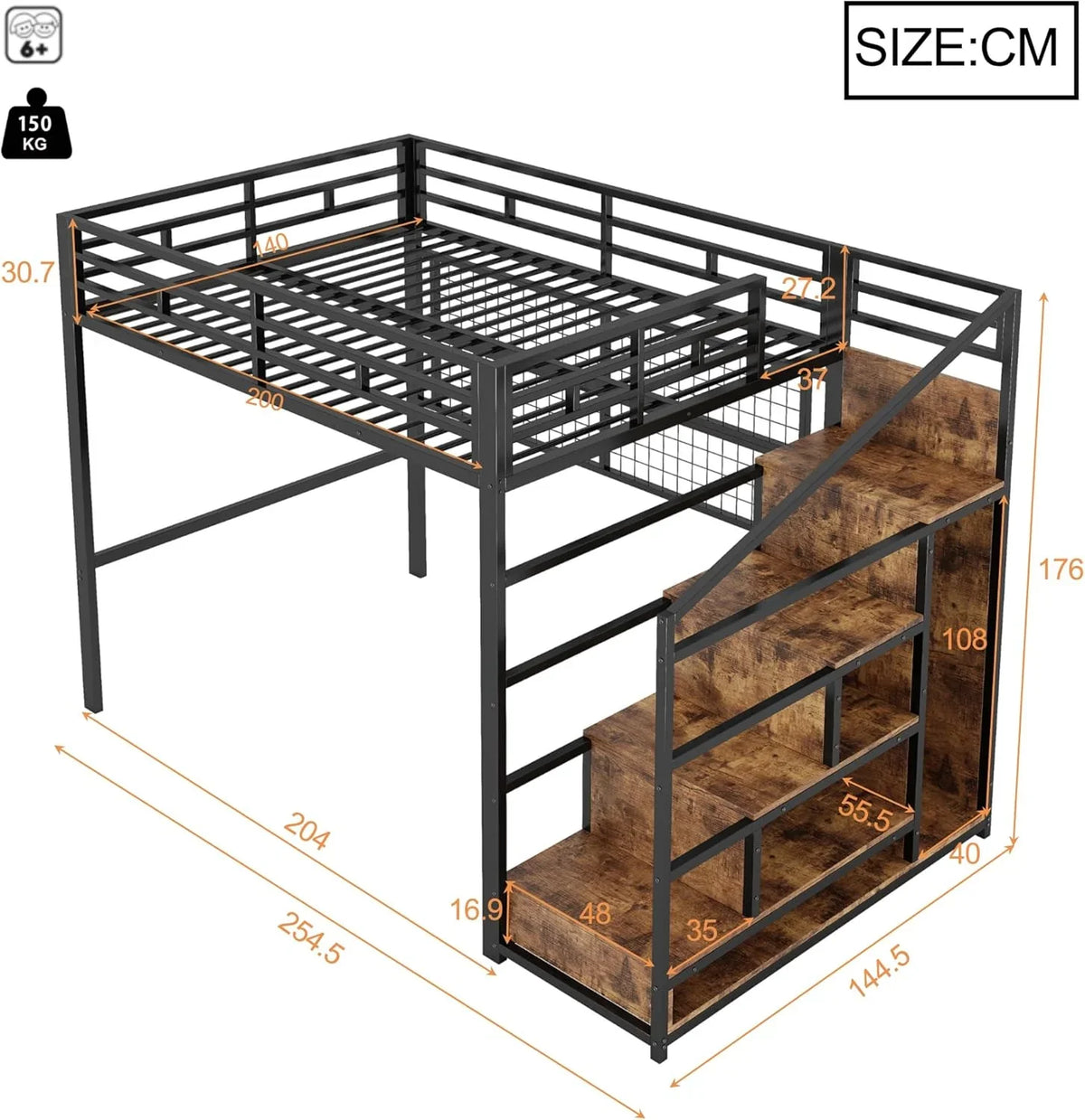 Cama Alta 140 x 200 cm de Metal Negra con Armario, Escalera de Almacenaje y Luces LED