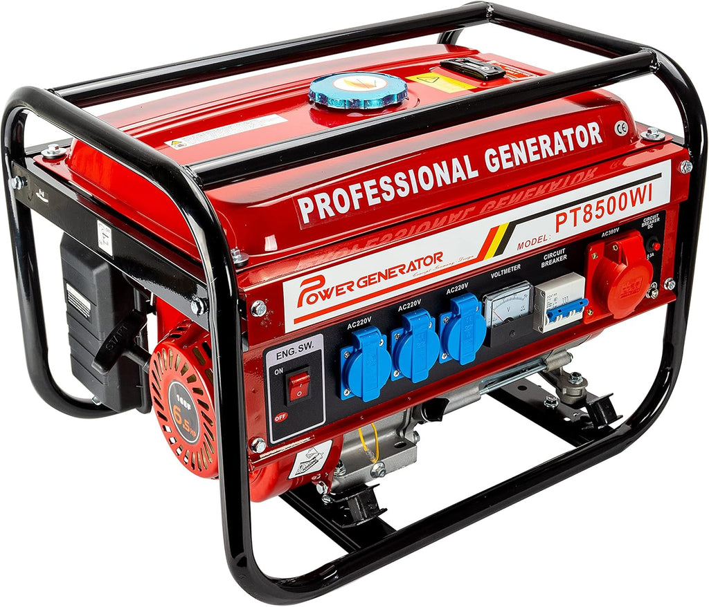 Generador Eléctrico de Gasolina 6,5 CV con 5 Tomas (3 x 230 V, 400 V y 12 V)