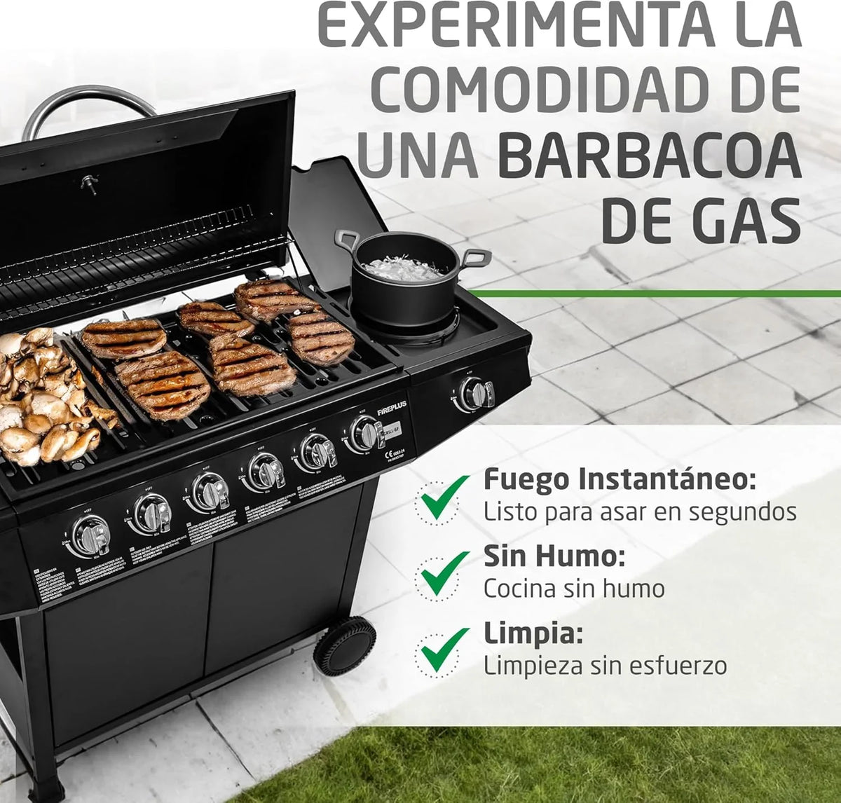 Amig Fireplus 6+1 Barbacoa de Gas 12,9 kW con 7 Quemadores, Carro y Termómetro, Inox Negro