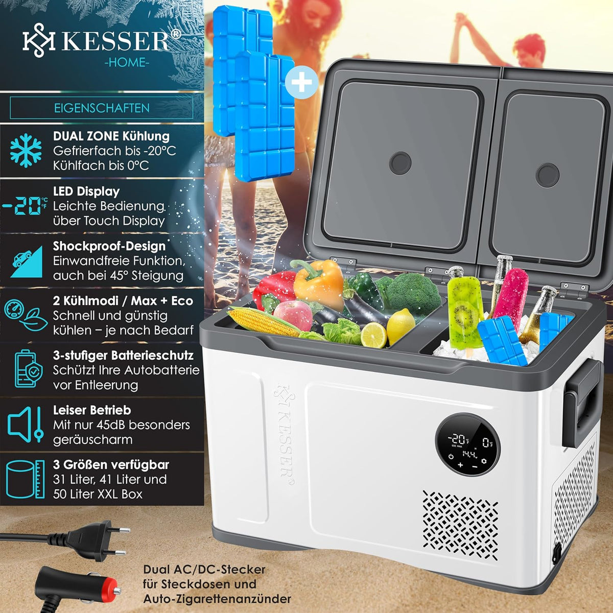 KESSER Nevera Portátil de Compresor Doble Zona hasta -20 °C con Pantalla Táctil, 12/24 V y 230 V