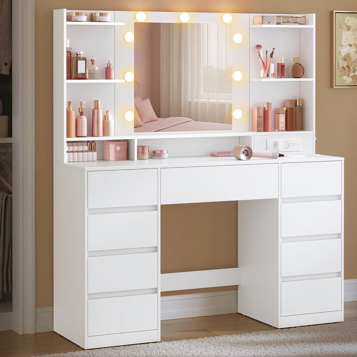 VASAGLE Kailyn Tocador con Espejo LED, 9 Cajones, Regleta de Enchufes y USB, Blanco Nube