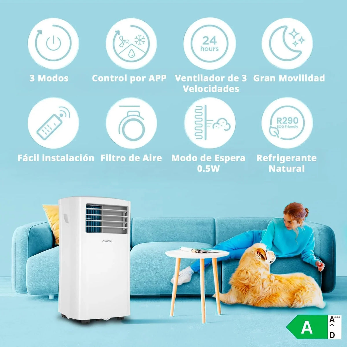 COMFEE Aire Acondicionado Portátil 8000 BTU / 2000 Frigorías 3 en 1 con Kit de Ventana, Silencioso
