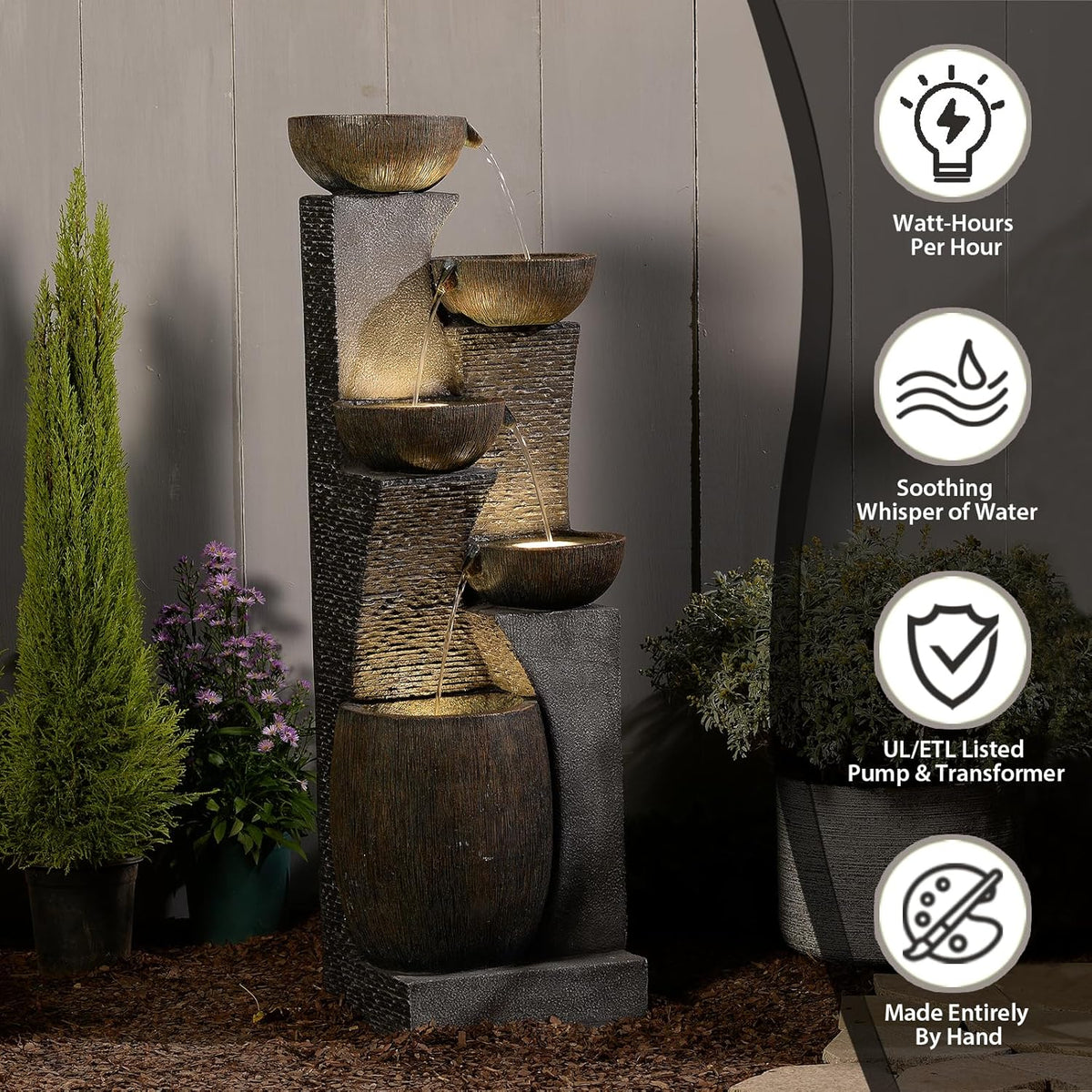 Bumilgar Fuente de Jardín Grande con Cascada de 5 Niveles y Luz LED, 134 cm
