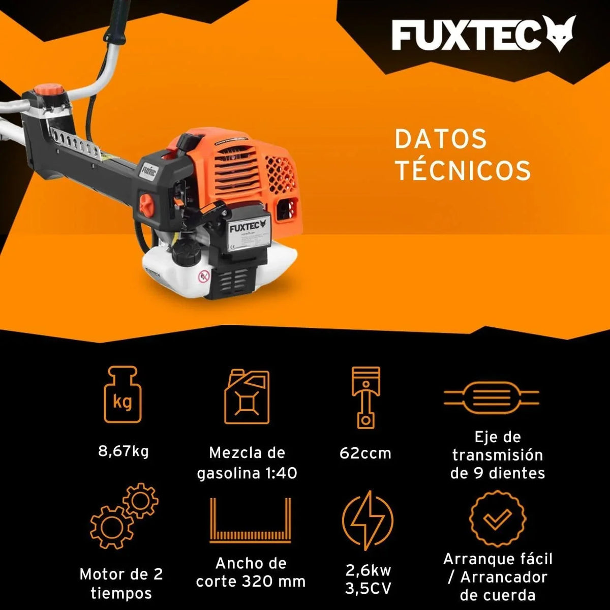 FUXTEC PS162 Desbrozadora de Gasolina 62 cc 3,5 CV 2 en 1 con Arnés y Antivibración
