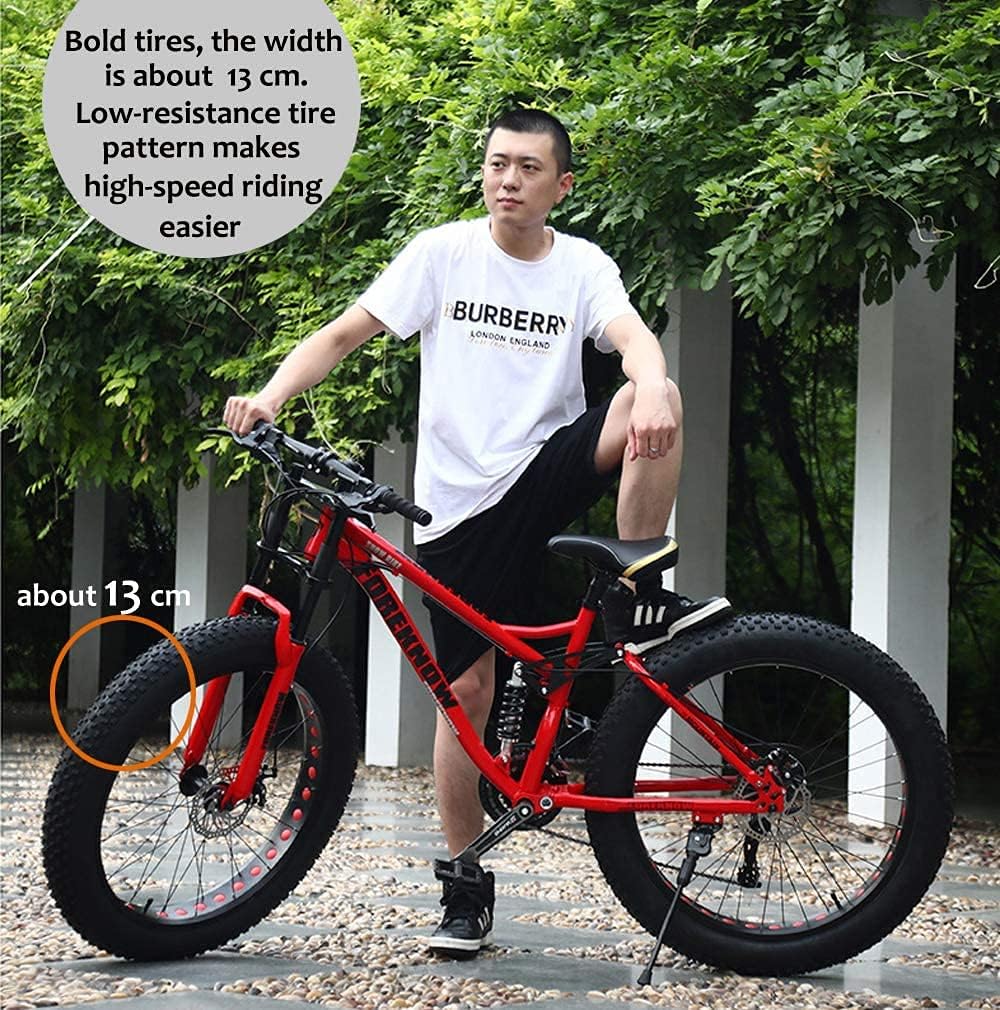 Bicicleta de Montaña Fat Tire 26" 21 Velocidades, Doble Suspensión y Doble Freno de Disco, Roja