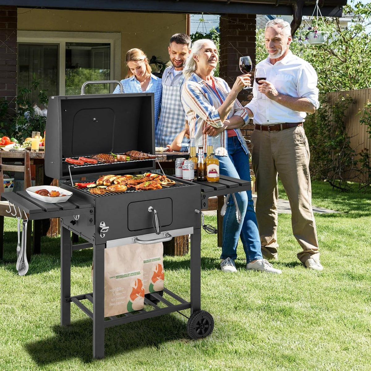 COSTWAY Barbacoa de Carbón XXL 128 x 54 x 117 cm con Tapa, Termómetro, Mesas Plegables y Ruedas
