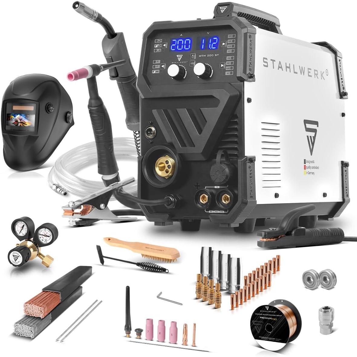 STAHLWERK MTM-200 ST Soldador 3 en 1 TIG, MIG/MAG y MMA hasta 200 A, Arrastre de 4 Rodillos