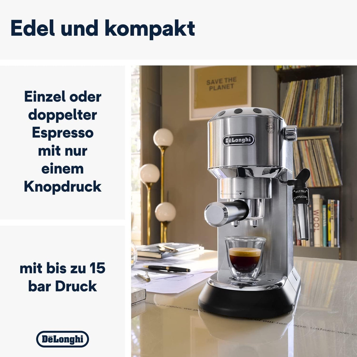 De'Longhi Dedica Style EC 685.M Cafetera Espresso de Brazo con Vaporizador, 15 cm, Plata
