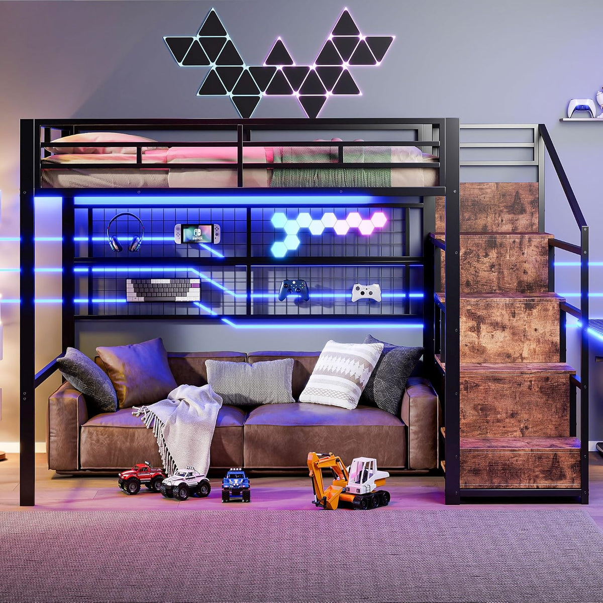 Cama Alta 140 x 200 cm de Metal Negra con Armario, Escalera de Almacenaje y Luces LED