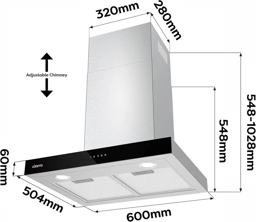 CIARRA CBCS6102 Campana Extractora 60 cm 650 m³/h, Control Táctil y WiFi, 4 Velocidades, Inox