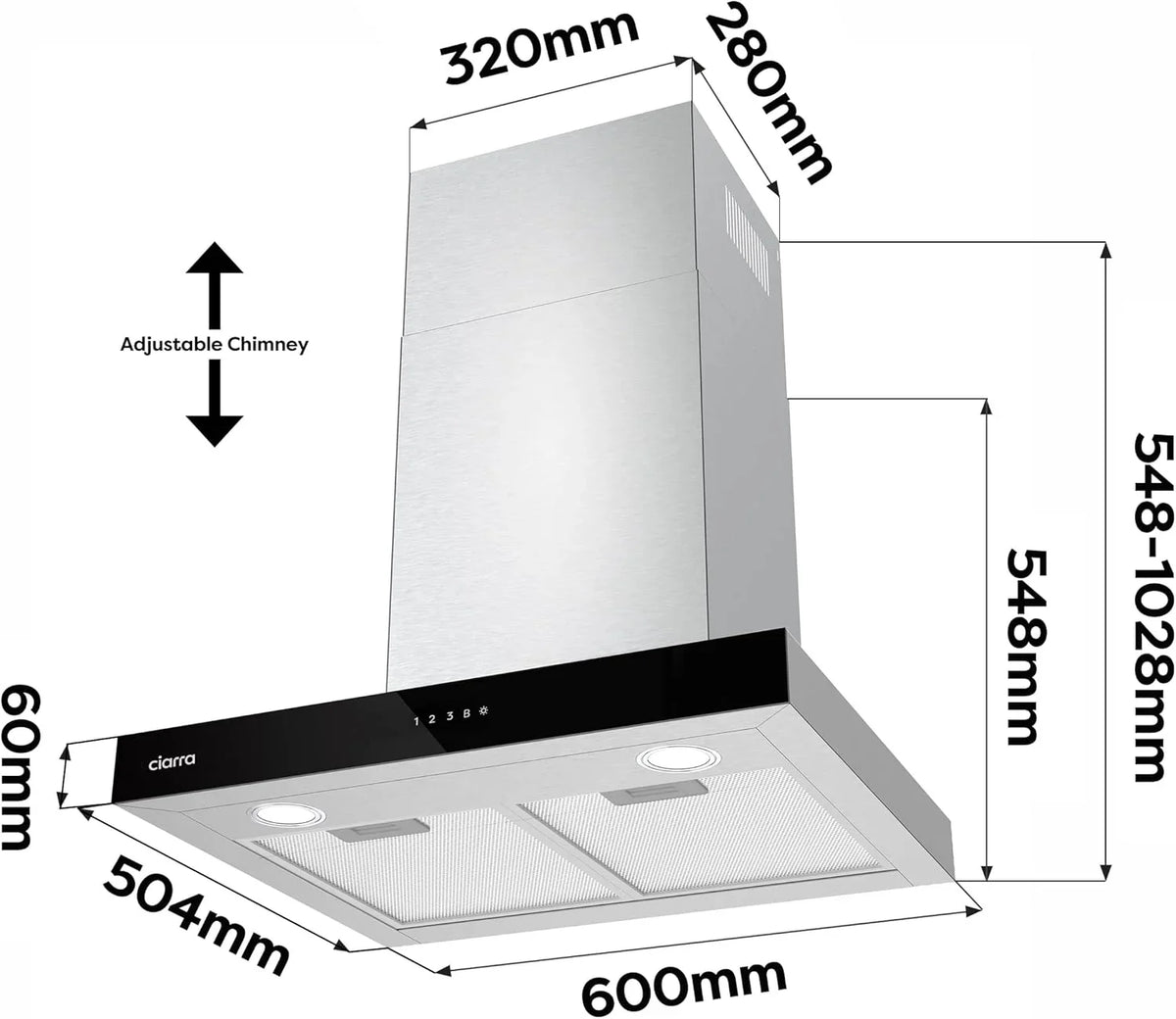 CIARRA CBCS6102 Campana Extractora 60 cm 650 m³/h, Control Táctil y WiFi, 4 Velocidades, Inox